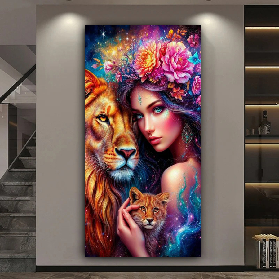 Women Bags Pictures - Woman and Lions Diy Diamond Art