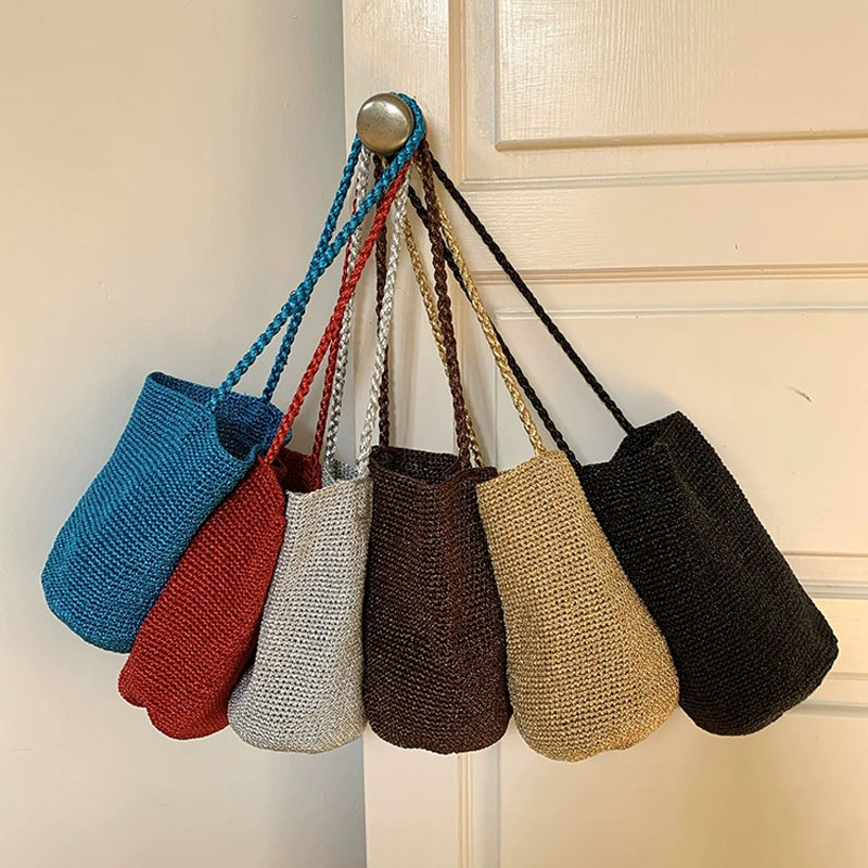 Woven Straw Bag - Hylhexyr Gold Silver Bucket Shoulder Bag